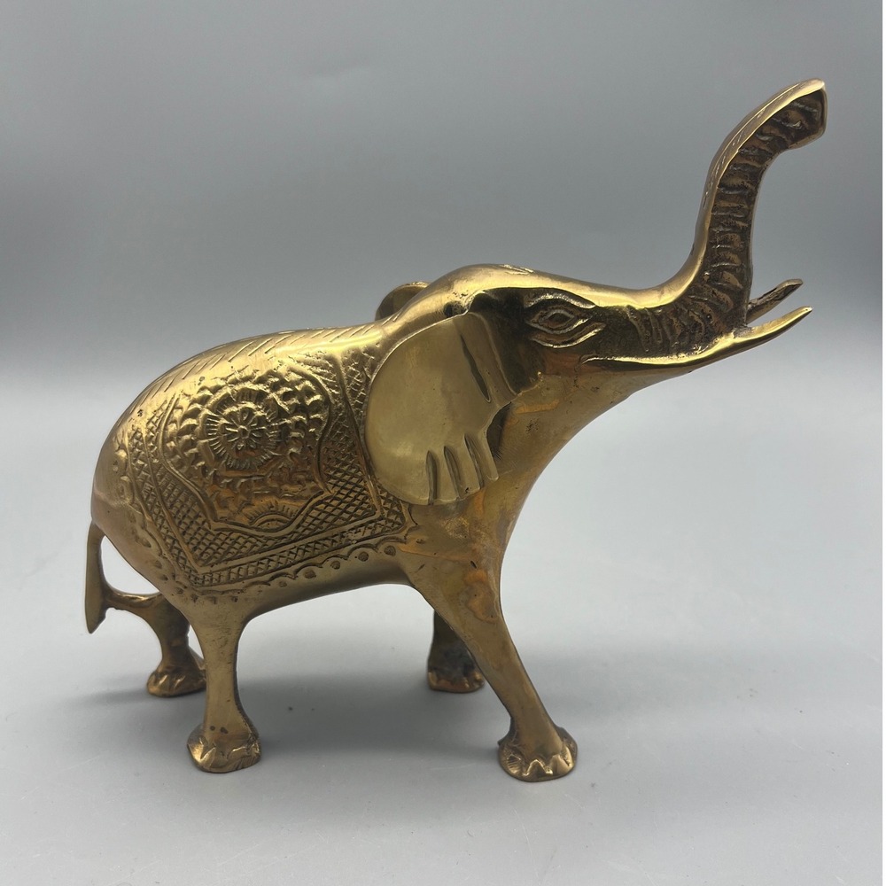 Vintage Etched‎ Ornate Solid Brass Elephant Statue Sculpture Figurine